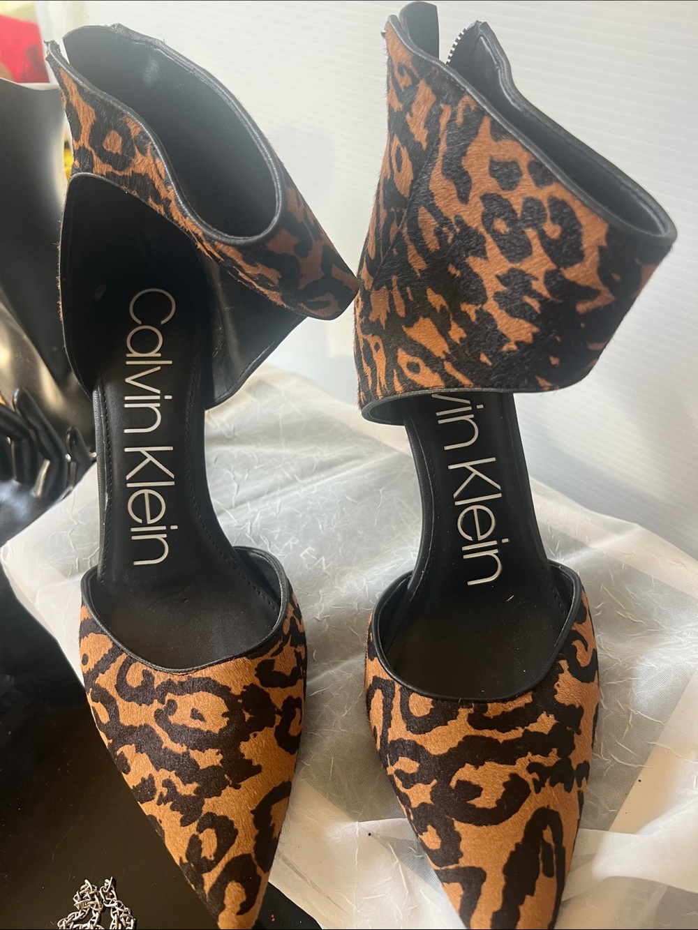Calvin Klein Leopard Print Ankle Strap Heels - Brown & Black
